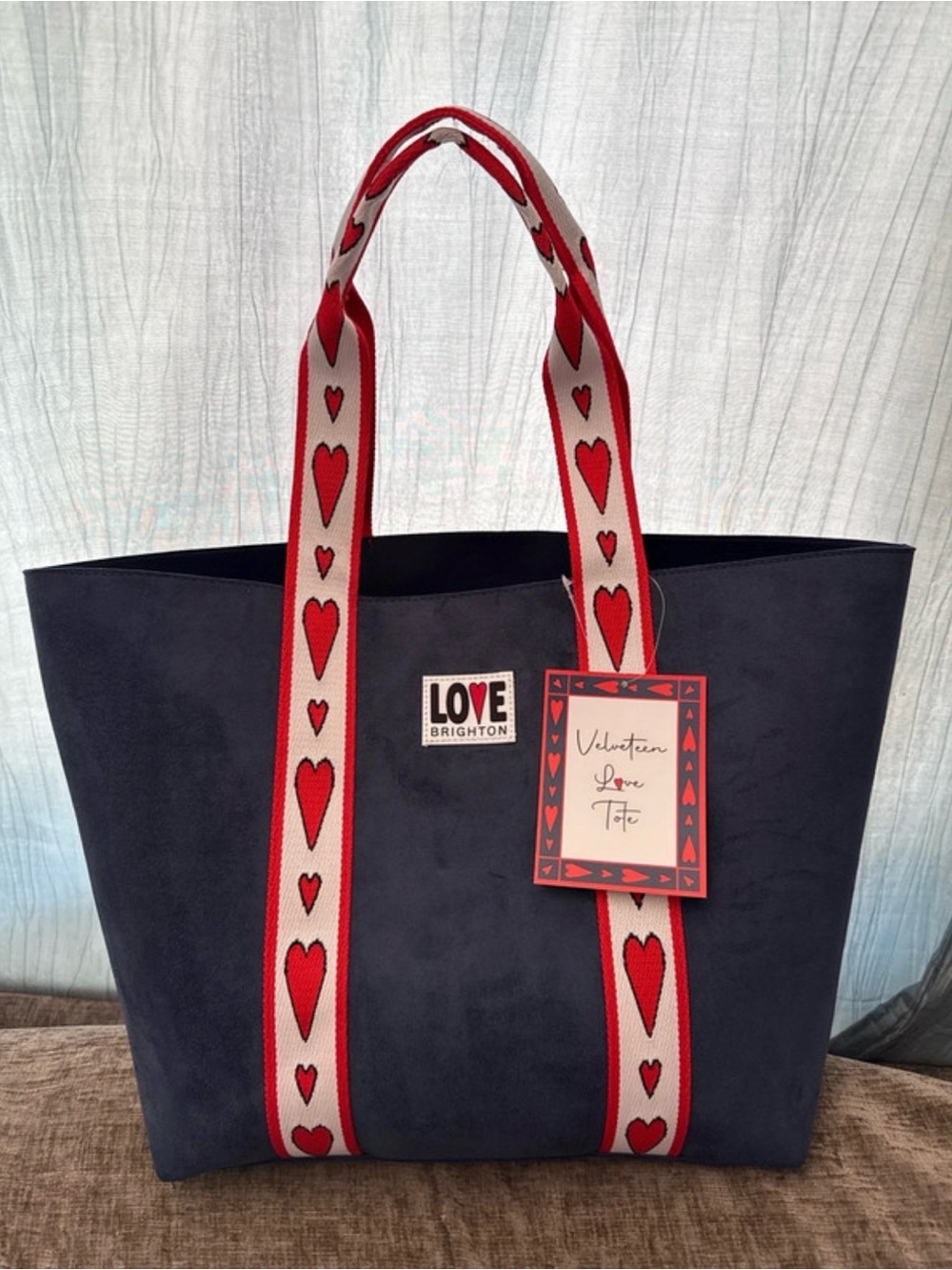 Brighton Velveteen Love Navy Tote with Heart-Patterned Straps
